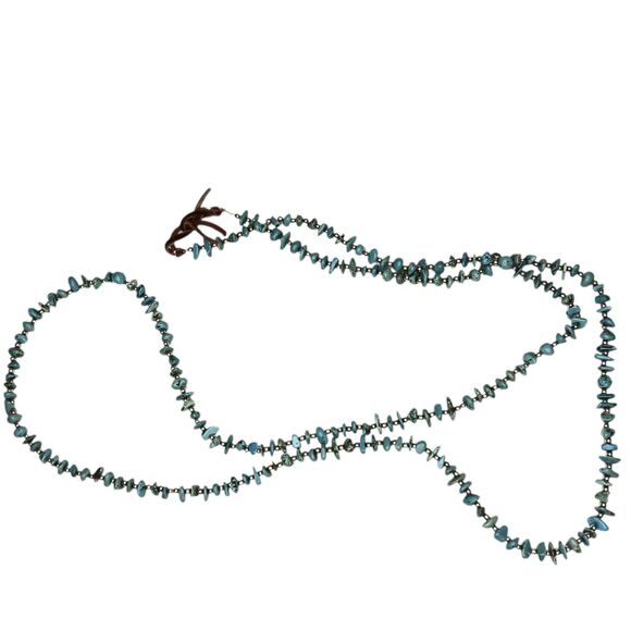 Vintage Southwest Blue & Green Turquoise Chip Necklace With Silver Beads 48" - Picture 3 of 11
